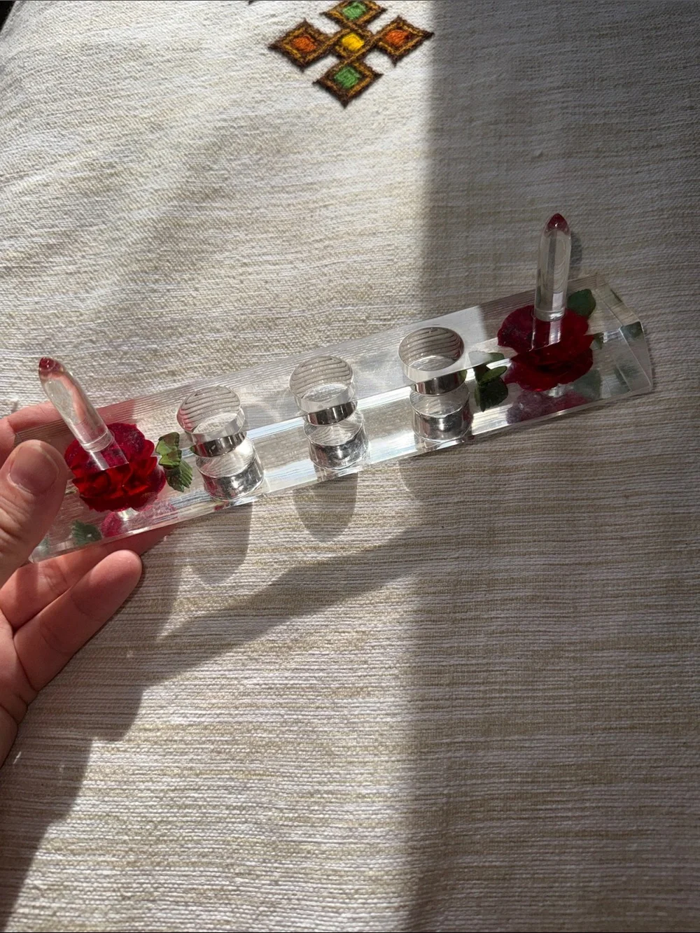 Vintage 70’s Clear plastic Flower ring holder Holder Tray with Red Rose Accents